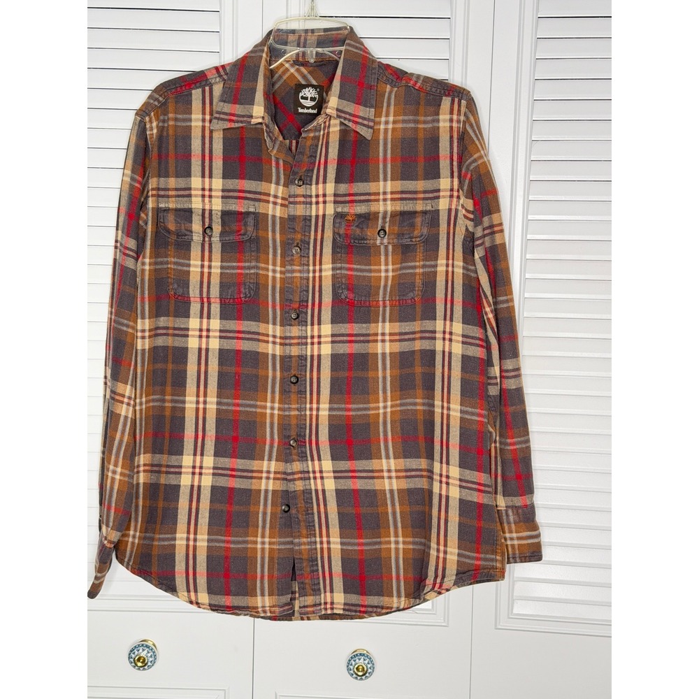 Timberland Flannel Shirt Mens Medium Brown Plaid Excellent Long Sleeve Button Up